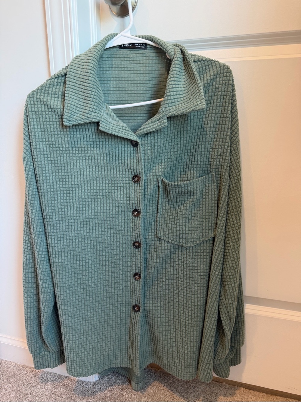 SHEIN Sage Green Waffle Knit Button-Down Shirt